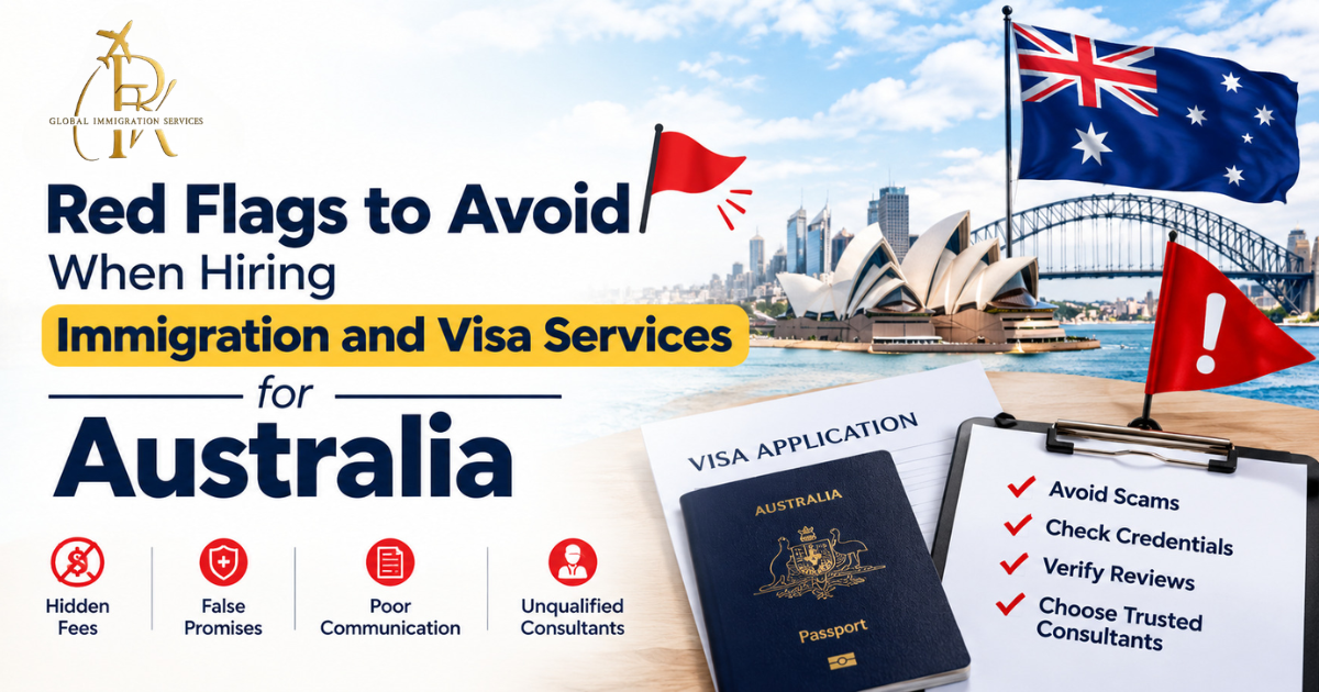 Red flags to avoid when hiring immigration and visa services for Australia with passport, visa application, and Sydney landmarks.